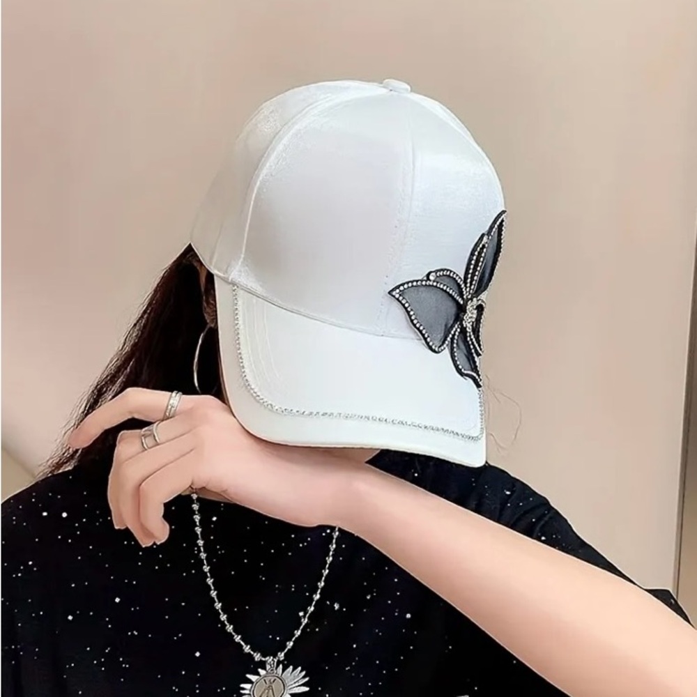 White Rhinestone & Butterfly Decor Baseball Cap - Picture 5 of 10